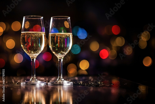 Two glasses of cava wine, on a glass table, with Christmas lights in the background. Generative AI