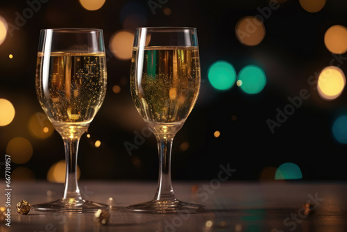 Two glasses of champagne on a table, with the background of Christmas lights. Generative AI