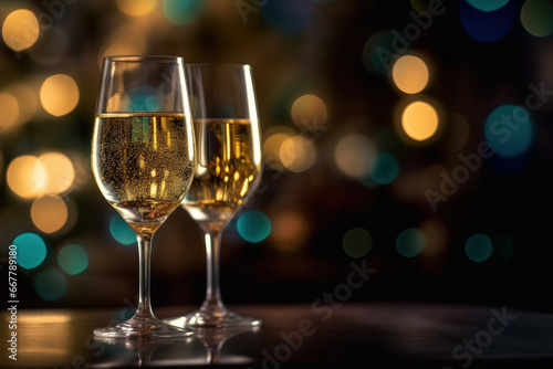 Two glasses of champagne on a table, with the background of Christmas lights. Generative AI