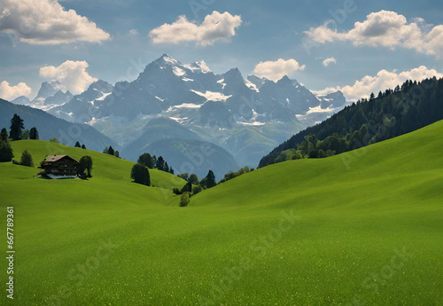 Swiss Mountains view from green meadows.