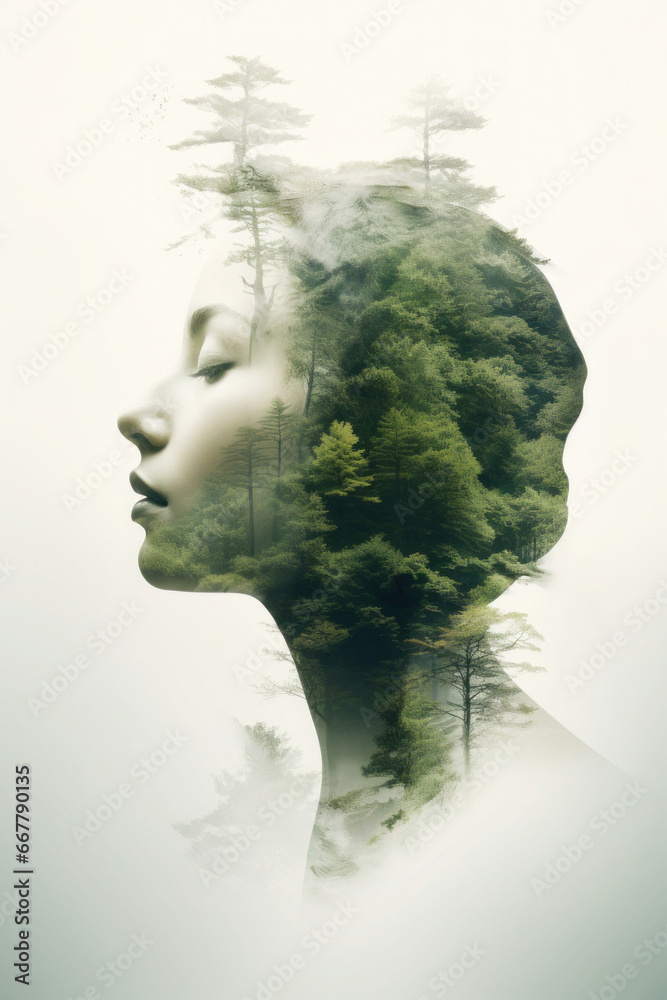 People and nature concept. Double exposure portrait of woman with green forest, creative artwork