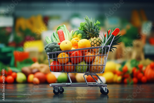 shopping cart full of fruit and vegetables  photo