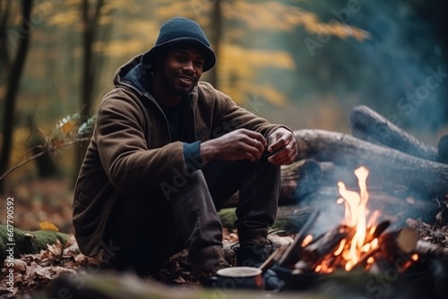A black man brews coffee over a fire in the forest. Travel, tourism and camping. Solitude in the forest with your thoughts. Escape from the bustle of the big city. Campfire and warming coffee. © Stavros