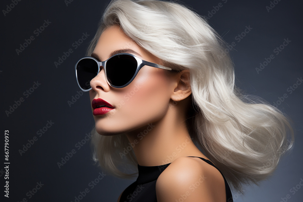 Studio portrait of beautiful young blonde woman in sunglasses on different colour background Studio portrait of beautiful young blonde woman in sunglasses on different colour background