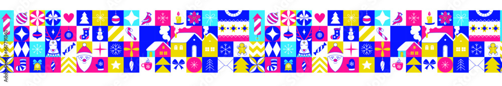 Fototapeta premium Graphic Christmas seamless pattern. Holidays 2024 postcard. Square Line icons
