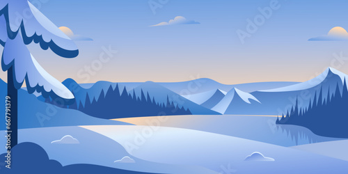 Vector illustration of winter landscape Sunrise, sunset with pine trees, mountains and lake winter landscape in blue colors