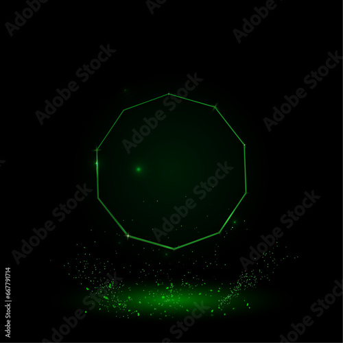 A large green outline decagon symbol on the center. Green Neon style. Neon color with shiny stars. Vector illustration on black background