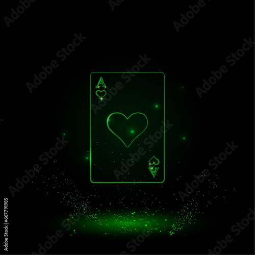 A large green outline ace of heart card on the center. Green Neon style. Neon color with shiny stars. Vector illustration on black background