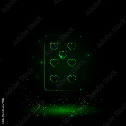 A large green outline seven of hearts playing card on the center. Green Neon style. Neon color with shiny stars. Vector illustration on black background