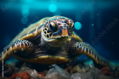 World turtle day and Ocean environmental day. Turtle with plastic in the water .Save sea plastic pollution.Climate change  Environmental CSR. copy space 