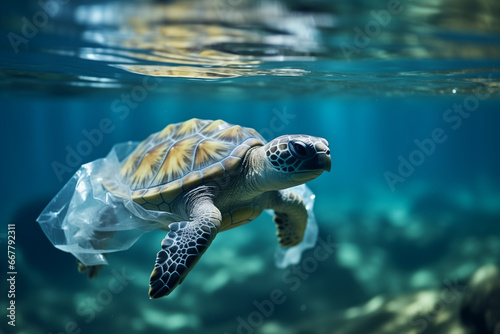 World turtle day and Ocean environmental day. Turtle with plastic in the water .Save sea plastic pollution.Climate change, Environmental CSR. copy space  © ALL YOU NEED studio