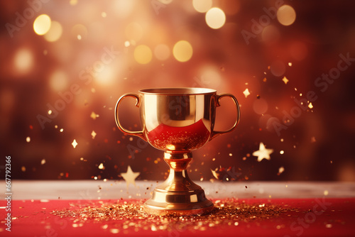 golden shining cup of the winner on red golden background. place for text. copy space