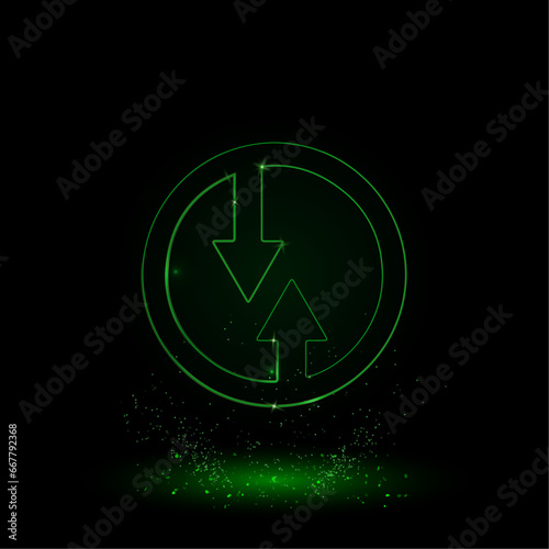 A large green outline advantage of oncoming traffic sign on the center. Green Neon style. Neon color with shiny stars. Vector illustration on black background