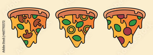 Set of Pizza Minimal Icons with Different Flavors Vector Illustration of Pizza Slices Topped with Pepperoni Olive Salami Mozzarella Cheese Mushrooms and Basil