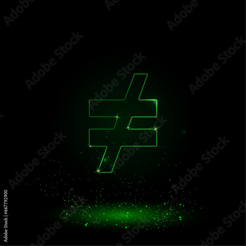 A large green outline not equal symbol on the center. Green Neon style. Neon color with shiny stars. Vector illustration on black background