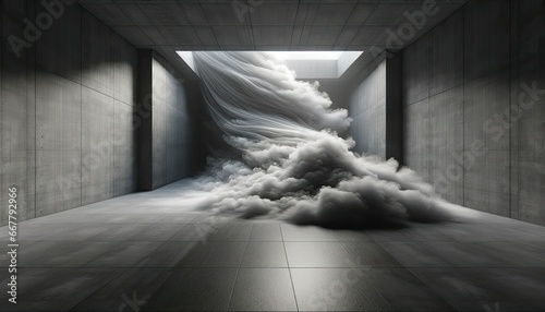 Surreal scene captures billowing clouds cascading into a stark, concrete corridor with sharp angles. The light filters from an overhead opening, contrasting the cool, industrial ambience.