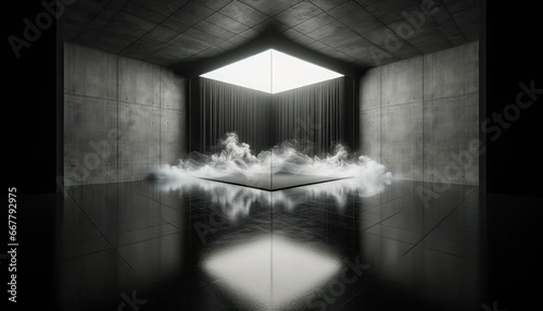 An atmospheric interior showcases a sleek, reflective floor and imposing concrete walls, framing a geometric skylight. Ethereal smoke dances beneath, creating a mirror-like reflection.