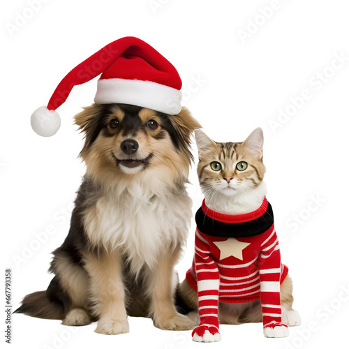 happy dog and cat isolated on transparent background wearing a christmas hat