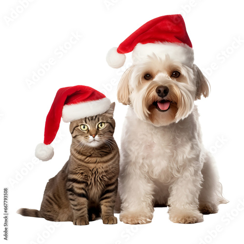 happy dog and cat isolated on transparent background wearing a christmas hat