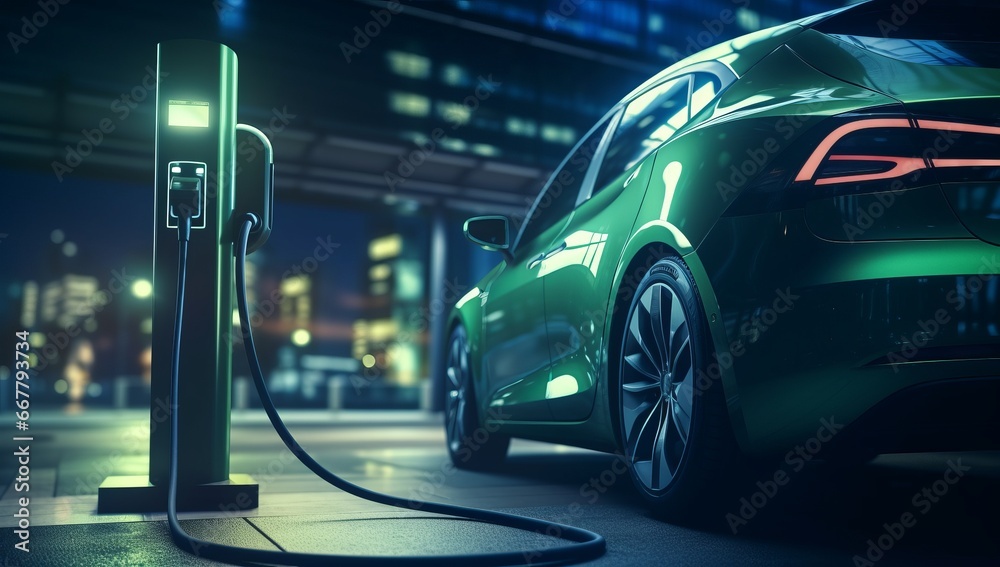 An electric vehicle connected to a charging station, showcasing the cutting-edge innovation and technology behind electric cars and plug-in hybrids.