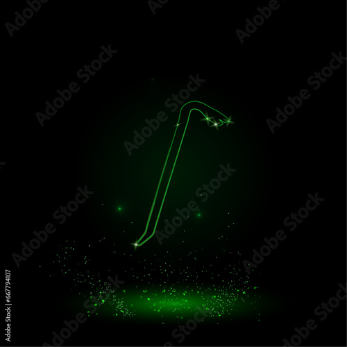 A large green outline crowbar symbol on the center. Green Neon style. Neon color with shiny stars. Vector illustration on black background