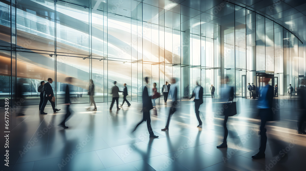 Long exposure shot of crowd of business people walking in bright office lobby fast moving with blurry, Generative AI