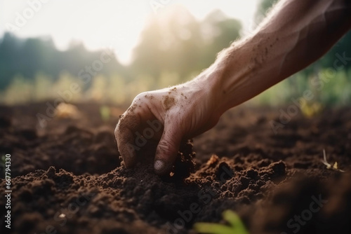 Close-up of Farmer's Hands Holding Soil at Sunset: Assessing Quality Before Sowing. Generative Ai.