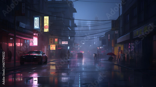 Dystopian Cyberpunk Aesthetics: City in the Rain,  Generative AI © Owshen