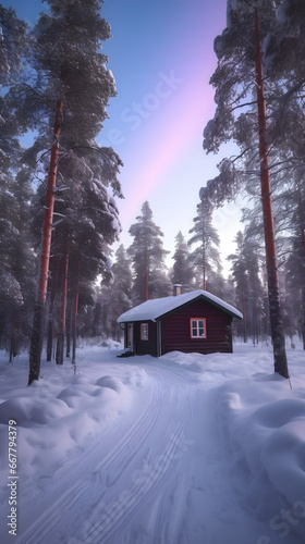 Santa's Lapland Retreat: Red Cottage in Snowy Serenity, Generative AI © Owshen