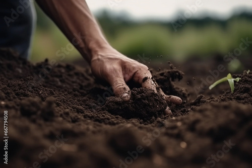 Close-up of Hands Working in the Garden Soil: Manual Gardening. Generative Ai.
