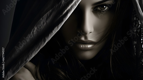 Mysterious Woman with Veil in Monochrome Close-up