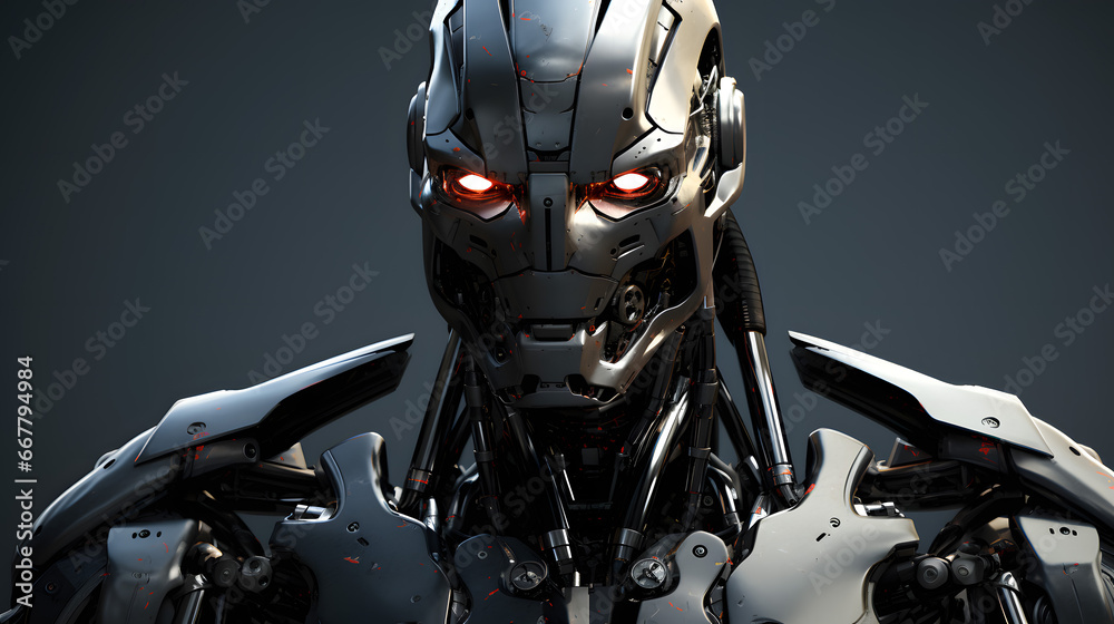Intimidating Advanced Robot with Glowing Red Eyes and Sleek Design. Intimidating Advanced Robot with Glowing Red Eyes and Sleek Design.