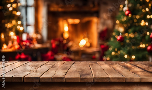 Empty table, blurred Christmas background photo