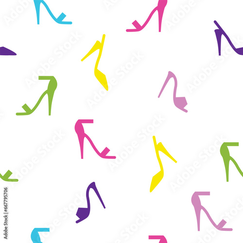 High heels. Colorful seamless pattern of shoes, white background.