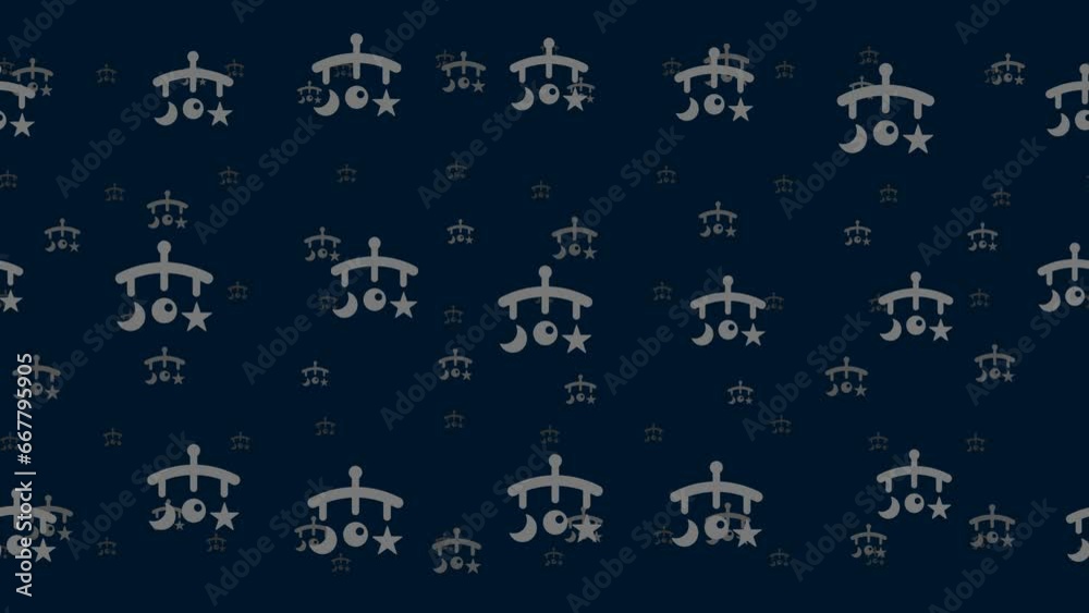 Baby mobiles float horizontally from left to right. Parallax fly effect. Floating symbols are located randomly. Seamless looped 4k animation on dark blue background Baby mobiles float horizontally from left to right. Parallax fly effect. Floating symbols are located randomly. Seamless looped 4k animation on dark blue background