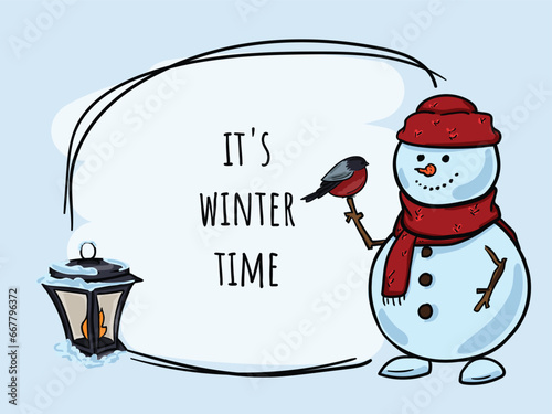 Winter hand drawn bright vector illustration, postcard with snowman, bullfinch and street lantern