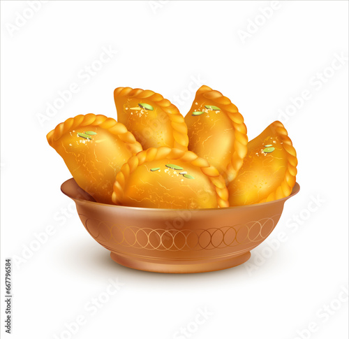 Bowl with Indian sweets (or mithai) gujiya isolated on white. Pies with nut filling. Traditional dessert for many Hindu festivals (Pongal, Holi, Diwali). Vector illustration. 
