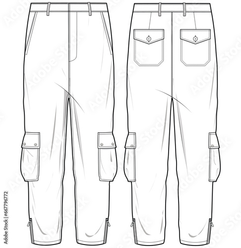Men's Cargo pant design front and back view flat sketch fashion illustration drawing, Casual chino utility trouser slim fit pants vector template cad mock up