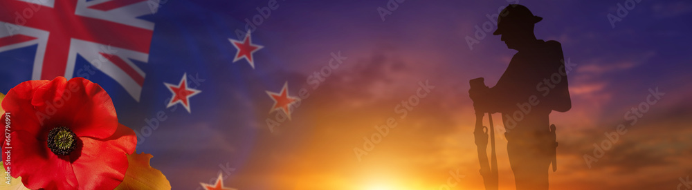 Soldier on New Zeland flag background. British Commonwealth countries holiday. 3d illustration