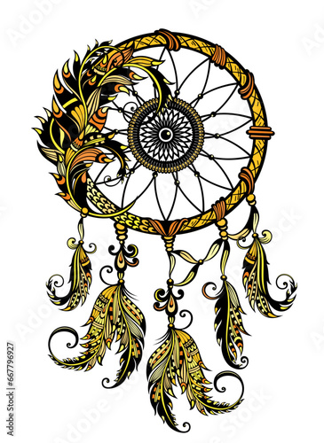 Dreamcatcher and feather isolated on white background. Native american indian dreamcatcher. 