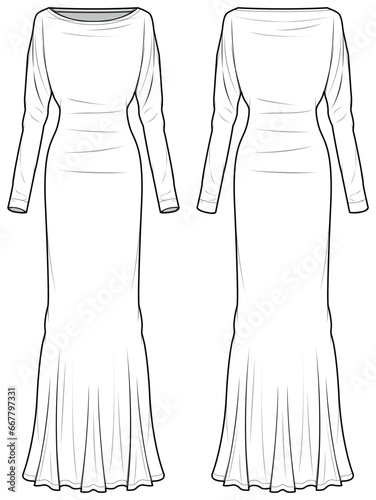 Women column dress design flat sketch fashion illustration with front and back view, long sleeve boat neck mermaid dress drawing vector template. photo