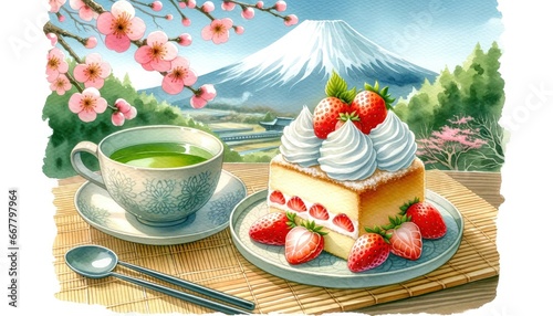 Plate of Japanese Christmas cake, a sponge cake decorated with strawberries and whipped cream, served with green tea, set on a bamboo mat with cherry blossoms and a view of Mount Fuji in winter.
