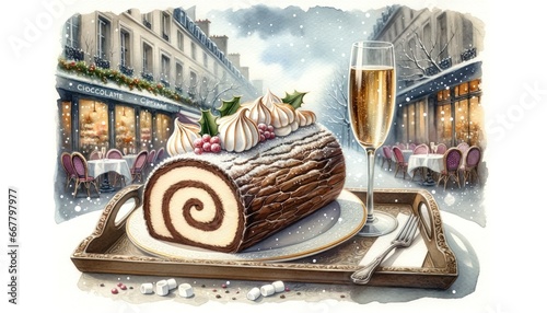 Traditional French bûche de Noël, a yule log cake made of chocolate and filled with cream, adorned with meringue mushrooms and dusted with icing sugar, placed on a vintage tray with champagne.