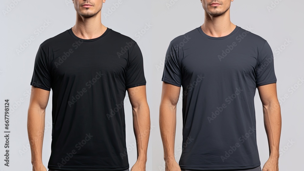 Blank black tshirt template, front and back views, isolated on grey background, Male model wearing a dark navy blue VNeck tshirt on a White background, front view and back view, AI Generated - obrazy, fototapety, plakaty 