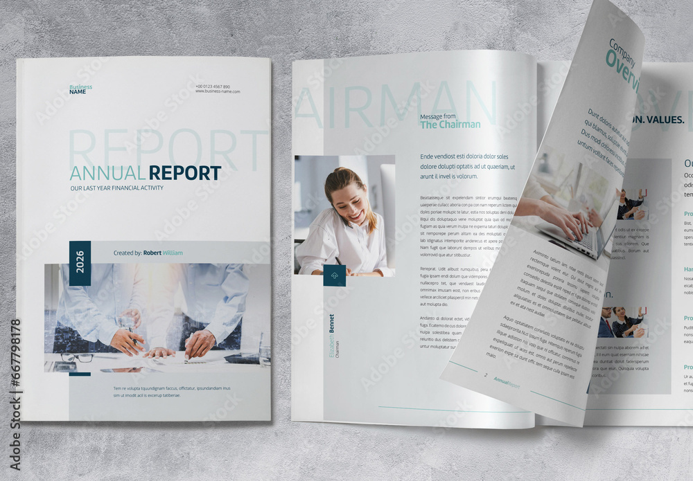 Annual Report Brochure Layout with Blue and Turquoise Accents Stock ...