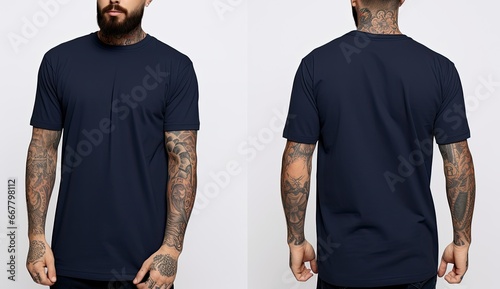 Tattooed man in a dark blue tshirt, Male model wearing a dark navy blue color solid tshirt on a White background, front view and back view, top section cropped, AI Generated