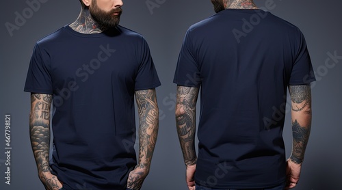 Cropped image of tattooed man in dark blue tshirt, Male model wearing a dark navy blue half sleeves tshirt on a White background, front view and back view, top section cropped, AI Generated