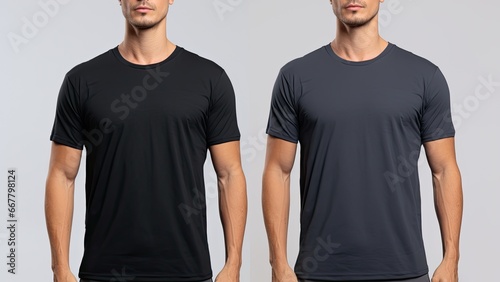 Blank black tshirt template, front and back views, isolated on grey background, Male model wearing a dark navy blue VNeck tshirt on a White background, front view and back view, AI Generated