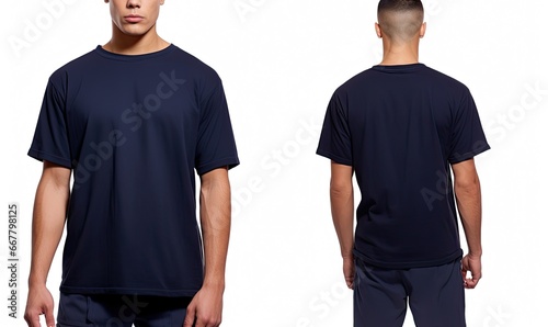 Blank black tshirt template on a man isolated on white background, Male model wearing a dark navy blue half sleeves tshirt on a White background, front view and back view, top section, AI Generated