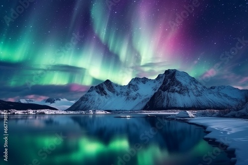 Stunning aurora lights above snowy mountains. Captivating wallpaper featuring northern lights and space for text. Generative AI © Jeff